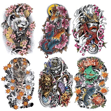 Oottati 6 Sheets Arm Fake Waterproof Temporary Tattoos Stickers Colorful Japanese Prajna Tiger Panda Lotus Koi Carp Samurai