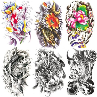 Oottati 6 Sheets 21x15cm Old School Koi Carp Lucky Golden Fish Arm Leg Temporary Tattoo Stickers Perfect for Parties, Events and More