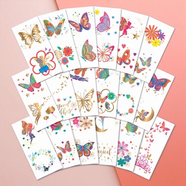 PapaKit Butterflies &amp; Fairies 36 Temporary Fake Tattoo Set, 18 Individually Wrapped Sheets   Kids Girls &amp; Boys Birthday Party Favor Gift Supply, Non-Toxic Safe Removable