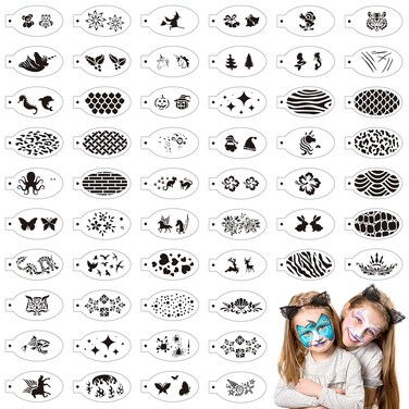 54 Pcs Face Paint Stencils Reusable Body Painting Stencils Temporary Tattoo Stencil Christmas Face Painting Kit for Parties Tattoo Painting Templates Face Tracing Stencils for Kids Makeup