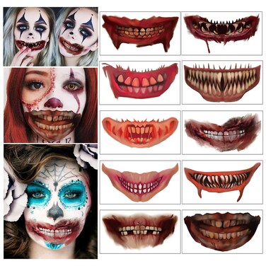 2022 New Halloween Prank Makeup Temporary Tattoo Adults Kids 10PCS,Clown Horror Mouth Fake Tattoos Stickers Scary Big Mouth Face Tattoos Decals Kits Prank Props Waterproof Masquerade Cosplay Party
