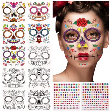 FRCOLOR 10Pcs Halloween Tattoo Face Waterproof Skull Face for Halloween Makeup Masquerade Party Halloween Party Favor Supplies with 2Pcs Face Stickers