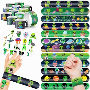 Cherisnowy 48 PCS Alien Party Favors 24 Tattoos Sticker and 24 Slap Bracelets Wristbands Perfect for Space Themed Birthday Baby Showers or Classroom Rewards Ideal Decor and Gifts for Girls and Boys