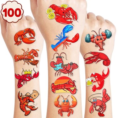 Crawfish Temporary Tattoos Lobster Party Decorations Favors Supplies Seafood Themed Cute Stickers 10 Sheets 100 PCS Gifts for Baby Girls Boys Class School Carnival