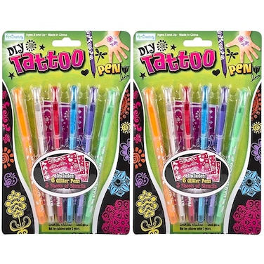 ArtCreativity Shimmery Temporary Tattoo Pens for Kids, 4 Pack, Each Pack with 6 Tattoo Markers &amp; 3 Stencil Stickers, Washable Tattoo Body Ink, Sparkle Girls Fashion Activity, Sparkly Tats Body Art Set