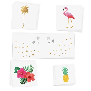SUMMER LOVIN' VARIETY SET of 25 assorted beachy inspired premium waterproof metallic gold temporary Flash Tattoos - foil tattoo, tropical tattoo, Party Supplies, beach party, luau, flamingo, pineapple