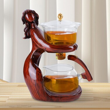 Chinese Lazy Kung Glass Tea Set, Tea Maker with Infuser, Semi Automatic Tea Set with Magic Teapot, Tea Pot Sets for Adults, Red