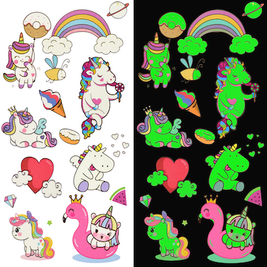 Maitys 20 Sheets 228 Pieces Luminous Unicorn Temporary Tattoos for Kids Glow in The Dark Tattoos Unicorn Games Toys for Girls Kids Birthday Party Supplies Decoration, 10 Styles