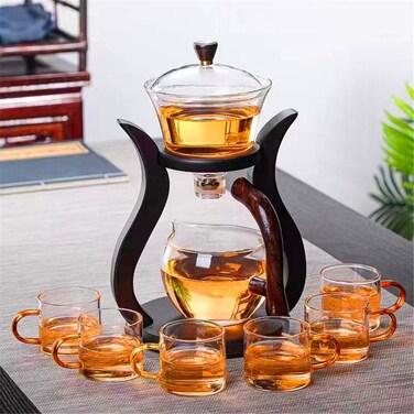 Mozeo Semi-automatic Glass Teapot Suit Rotating Cover Bowl for Attract Water Flow Wooden Glass Teapot Set with 6 bowls (Teapot with 6pcs bowl)