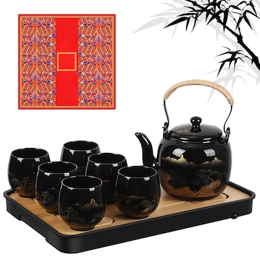 Hushee Japanese Tea Set in Gift Box Asian Porcelain Tea Set with 1 Teapot, 6 Tea Cups, 1 Tea Tray, 1 Stainless Infuser, Black Ceramic Chinese Teapot Set Christmas Gift for Tea Adult Lover
