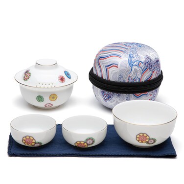 SILINE Ceramic Travel Gaiwan Kungfu Tea Set,Chinese Suet Jade White Porcelain Tea Bowl Set,Portable for Home Business Outdoor Hotel (Flower)