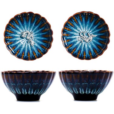 CmengAo Tenmokus Tea Cups, Jianzhan Tea Set, 3d Dragon Phoenix Tea Cup Set, 4 oz Chinese Ceramic Kungfu Tea Cup Small Tea Ceremony Cups, Pack of 2