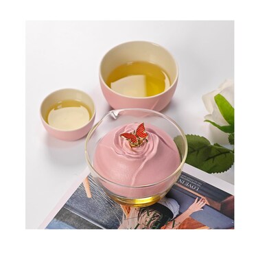 Mini Gai Wan Tea Set - Portable Asian Tea Pot, Beautiful Rose Creative Teacup, 1 Glass Pot, 2 Ceramic Teacups, Chinese Ceramic Gongfu Tea Set with Travel Carrying Bag &amp; Tea Mat (Pink)