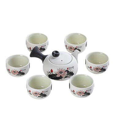Japanese Teapot Set with 6 Cups, 7-Piece Set for Home and Office Use Porcelain Chinese Gongfu Tea Set, Infuser,Portable All in One Gift Bag for Travel,Home,Gifting,Outdoor and Office (lotus)