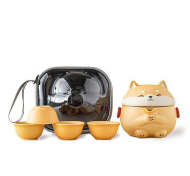 TUCHACA Mini Gaiwan Tea Set, Cute Dog Shiba Inu Teapot with Portable Bag for Travel, Chinese Ceramic Gongfu Teapot with 4 Ceramic Teacups. Gift for Tea Lovers.