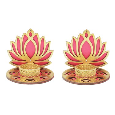 Set of 2 Decorative MDF Wooden Pink Golden Lotus T Light Holder Candle Stand Tealight Holder for Indian Traditional Festival Decorations Lighting Accessories (Without Wax)(Size:-4" Inches) (Pink-1)