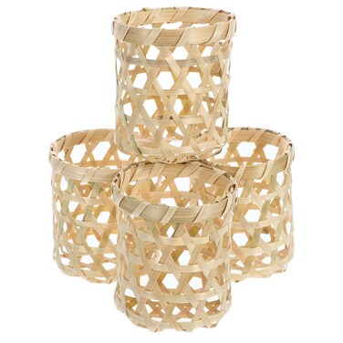 HOLIDYOYO Rattan Woven Tea Light Candle Holders 4pcs Seagrass Hand Woven Votive Tealight Candle Holder Wicker Glass Vase Sleeve Coastal Boho Candle Holder for Dining Table