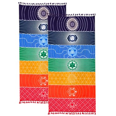 Neasyth 2Pcs Chakra Meditation Mat Yoga Rug Beach Sunscreen Shawl Spiritual Reiki Chakras Wall Decor Boho Pilates 59 in (Thin Polyester)