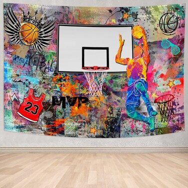 Basketball Tapestry Street Graffiti Wall Art Tapestry MVP Dunk Tapestry Hip Hop Hippie Tapestry Man Athlete King Crown Tapestry Wall Hanging for Bedroom Living Dorm Decor 78.7"W x 59"L(200x150cm)