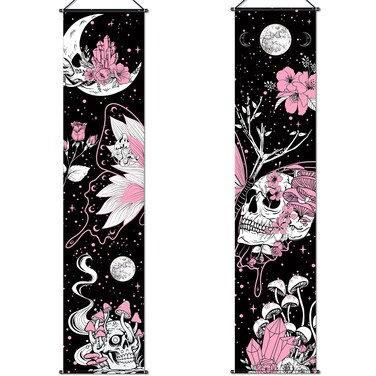 2 Pcs Skull Tapestry Banner Hippie Wall Decoration Butterfly Mushroom Room Wall Hanging Moon Stars Bohemian Abstract Mushroom Backdrop Photography Background for Home Aesthetic Decor Room Bedroom