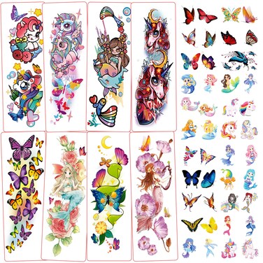 Metker Kids Full Arm Temporary Tattoo Unicorn,Mermaid,Butterfly 76 PCS Large Fake Sleeve Waterproof Tattoo Stickers for Children,Party Supplies for Boys,Girls Goody Bag Stuffers Party Bag Fillers