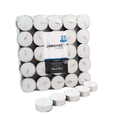 JAWSHEE Tealights, Pack of 25 Unscented Tealight Candles, with 3-4 Hours Burning Time, Odorless, Smokeless and Dripless Decorative Candles