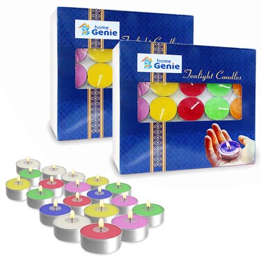 HOME GENIE Tea Lights Candles in Bulk, 100 Pack, 2 to 3 Hour Burn, Smokeless, Dripless &amp; Long Lasting Paraffin Tea Candles,Unscented tealight Candles for Home,Weddings (Multicolor)