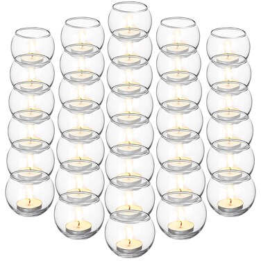Uiifan 36 Pcs Tea Lights Candle Holder Votive Round Candle Holders Bulk for Wedding 1.97'' x 2.17'' Clear Glass Candle Jars Holder for Wedding Table Centerpiece Party Birthday Home Decoration