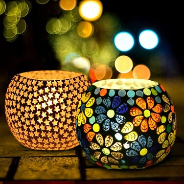 exciting Lives Tealight Votive Holder for Tealight, Set of 2, for Christmas Day - Gift Mosaic Tealight Holders, Handmade Tealight Lamp for Valentine, Party, Christmas Table Centerpiece Decor