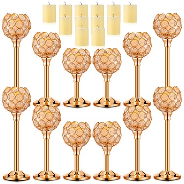 Bokon 24 Pcs Gold Crystal Candle Holders with 3 Sizes Tea Lights Candles Decorative Candlestick Holder Table Centerpiece for Christmas Party Wedding Dining Decoration