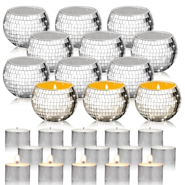 Maxcheck 24 Pcs Disco Ball Candle Holders Bulk Wedding Decoration Disco Ball Centerpieces Includes 12 Pcs Votive Mosaic Glass Tea Light Holders and 12 Pcs Tea Light Candles for Activity Party