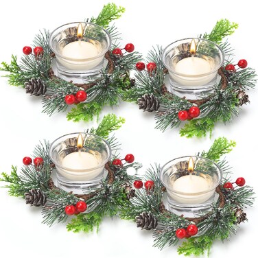 12 Piece Christmas Votive Candle Holder Set Including 4 Pieces Christmas Berry Candle Ring,4 Pieces Decorative Glass Tealight Candle Holder,4 Pieces White Votive Candles for Wedding Birthday Holiday