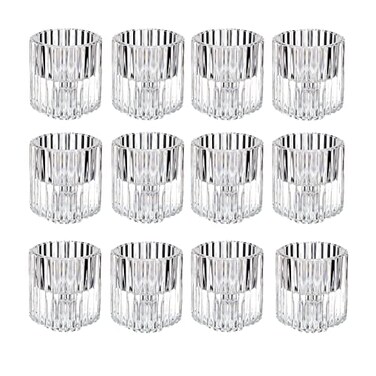 12 Pieces Glass Candlestick Holders Clear Candle Holders Bulk Crystal Ribbed Votive Candle Holders for Taper Candles, Pillar Candles and Tealight Candles