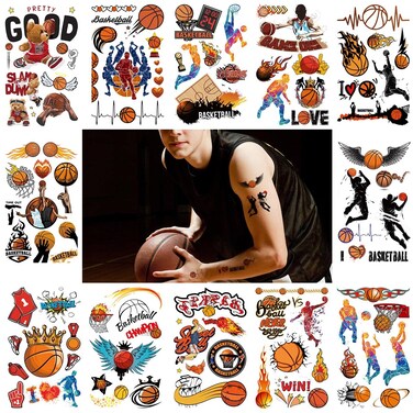 ANIUVOT Basketball Tattoos Temporary for Kids Boys and Girls Birthday Party Favors 12 Sheets, Waterproof Brownball Sports Team Game Face Stickers Gift Bag Fillers Rewards Halloween Christmas Prizes