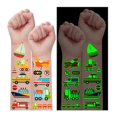 Partywind 110 Styles Glow Transportation Cars Temporary Tattoos for Kids, Luminous Vehicle Cars Party Supplies Favors for Boys, Car Tattoo Stickers for Goodie Bag Stuffers Toys (10 Sheets)