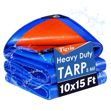 Tigvio 10x15Ft Heavy Duty Waterproof Tarp - Extra Thick 8 Mil, Tear &amp; UV Resistant, Outdoor Tarps with Grommets &amp; Reinforced Edges for Roof, Camping, Patio, Pool, Boat, Car - Multipurpose Protective