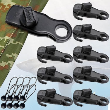 Tarp Clips Clamps Heavy Duty Lock Grip with Bungee Cords, Shark Shade Backdrop Cloth Tent Large Clip Hook Accessories for Garden Outdoor Pool Tarp Tie Downs Canvas Solar Cover RV Awning