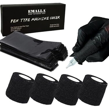 Beoncall Pen Covers and Grip Tape - 200Pcs Machine Pen Covers with 4Pcs 2"x 5 Yards Grip Tape Wrap Machine Pen Bags Self-Adhesive Grip Tape Black for Beginners and Artists&acirc;&euro;&brvbar;&acirc;&euro;&brvbar;&acirc;&euro;&brvbar;