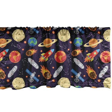 Ambesonne Space Window Valance, Universe Themed Illustration with Earth Moon Constellations Saturn Rockets Stars, Curtain Valance for Kitchen Bedroom Decor with Rod Pocket, 54" X 12", Purple Blue