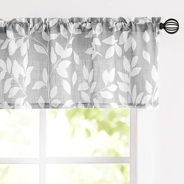 Treatmentex Grey Valance Curtain for Windows Leaf Print White Window Valances 52" by 15" Long 1 Panel