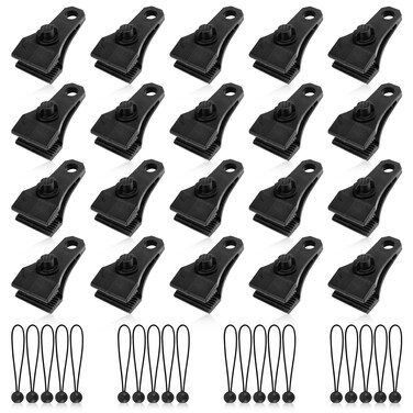 AMURS 20Pcs Upgrade Tarp Clips Heavy Duty Lock Grip Tarp Clamps with 20Pcs Black Ball Bungee Cords for Pool Cover,Tarps Car Awnings