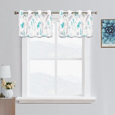 July Joy Printed Kitchen Valance Linen Textured 18-inches Floral Leaf Design Farmhouse Style Window Panel Drapes Set Grommet Treatment for Basement Caf&Atilde;&copy; Room, 52 x 18 inch, Teal