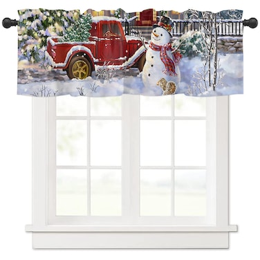 Christmas Snowman Valances Windows Curtain Red Truck with Xmas Tree Kitchen Valances Rod Pocket Snowy Winter Short Topper Curtains for Winter Holiday Christmas Decorations 1 Panel,54 by 18 inches