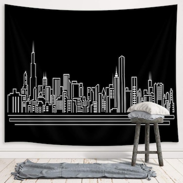 JAWO Chicago Skyline Tapestry, American City Silhouette Abstract Urban Line Upgrade Tapestries Wall Hanging for Bedroom College Dorm, TV Backdrop Table Cloth Profession Home Decor 71X60 Inches