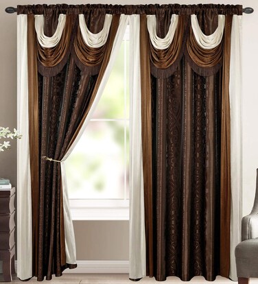 V Elena Luxury Jacquard Curtain Panel with Attached Waterfall Valance &amp; Scarf 54 by 84-in Light Brown