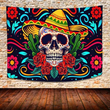 SHRAPHY Trippy Skull Tapestry 80x60 Inches Psychedelic Mexican Sugar Skull Tapestry Botanical Flower Cactus Peach Skin Fabric Wall Art Tapestries for Bedroom RGTMLUH103