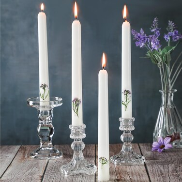 Threlaco Flower Taper Candles Real Dried Pressed Purple Flowers Tapered Candlesticks Unscented 7.8Inch White Pastel Taper Candles for Baptismal Wedding Bridal Shower Party(4 Pcs,Dried Flower)