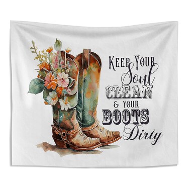 Kneibo Retro Western Floral Cowboy Boots Tapestry Keep Your Soul Clean and Your Boots Dirty Wall Hanging Tapestries Wild West Wall Blanket Decor for Western Home Girls Boys Room Dorm 50x60 Inch
