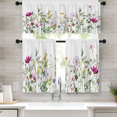 Emvency Spring Flower Kitchen Window Curtains Valance and Tier Set 36 Inch, Pink and Purple Floral 3 Piece Set Short Curtains for Window, Summer Window Treatment Tiers for Living Room Bedroom