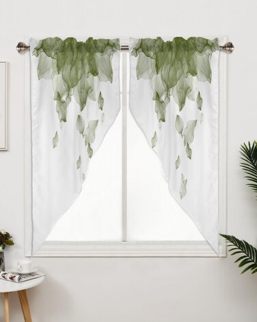 Spring Swag Curtain,Sage Green Gradient Petal White Kitchen Valances Rod Pocket Curtains Tier Pair Swag Topper,Pastoral Leaves Botanical 2 Panels Window Treatment for Bathroom Living Room Bedroom